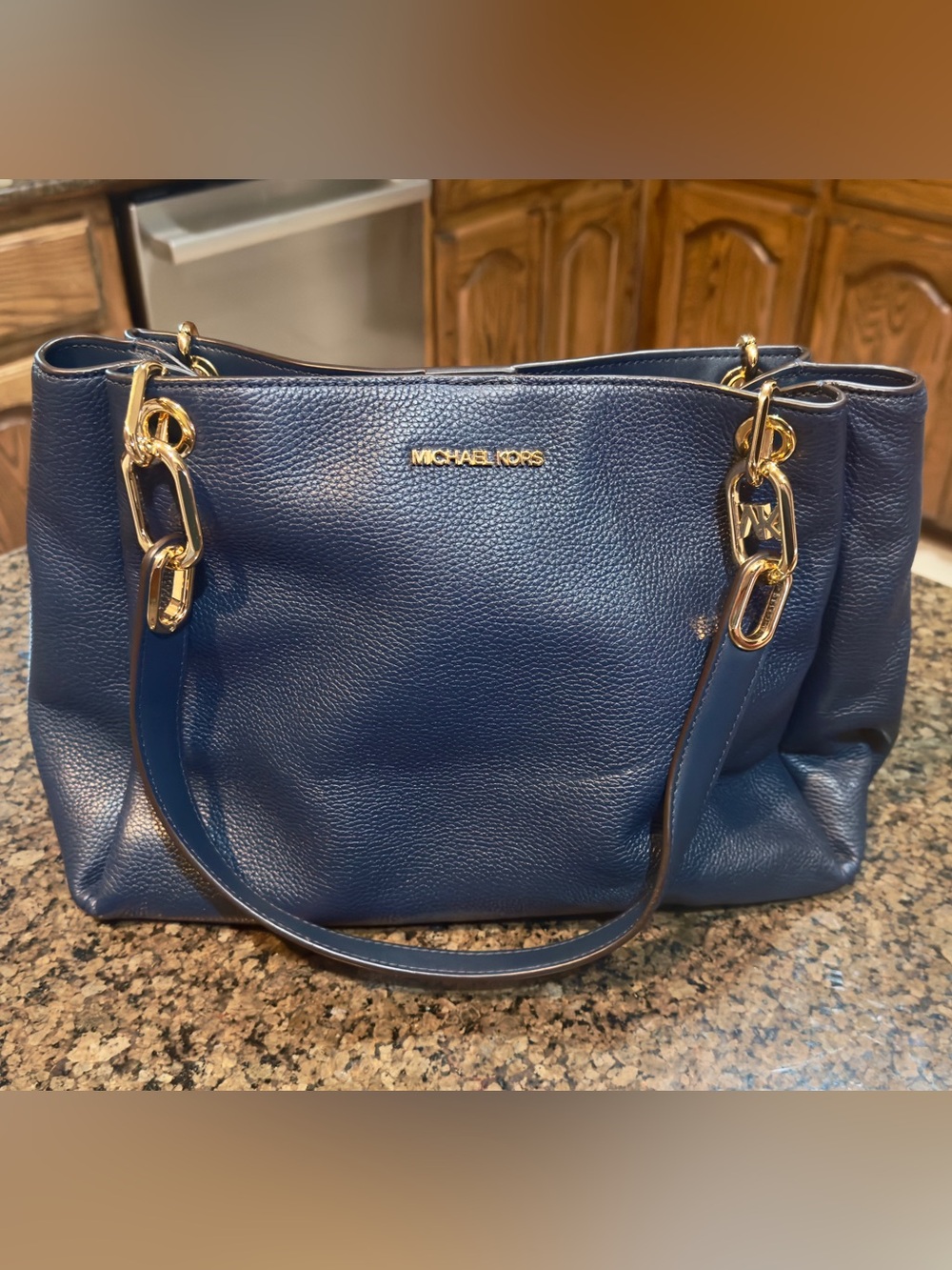 Michael Kors Navy Pebbled Leather Shoulder Bag with Gold Hardware